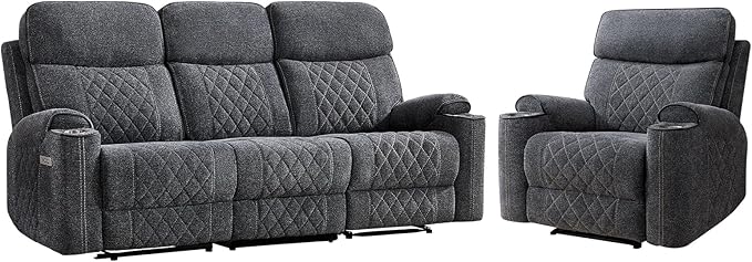 EBELLO Power Reclining Sofa Set, Fabric Electric Recliner Chair and 3 Seater Sofa Couch with Cup Holders, USB and Type-C Charging Ports and Storage Space, 4 Seats for Small Living Room, Grey