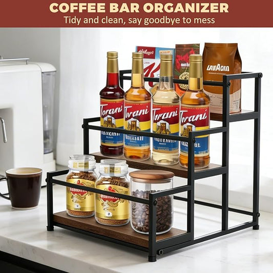 Coffee Syrup Rack Organizer - Metal Bottle Holder for 12 Bottles – Rustic Countertop Display Shelf for Coffee Bar, Kitchen Cabinet, Pantry Storage for Syrups, Liquor, Spice, Tea & Wine (3-Tier)