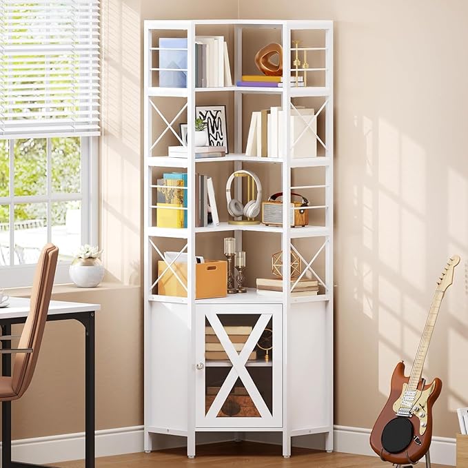 YITAHOME Corner Shelf with Door, 7-Tier Tall Bookshelf, Bookcase Cabinet with Shelves Freestanding Storage Stand for Living Room, Kitchen, White