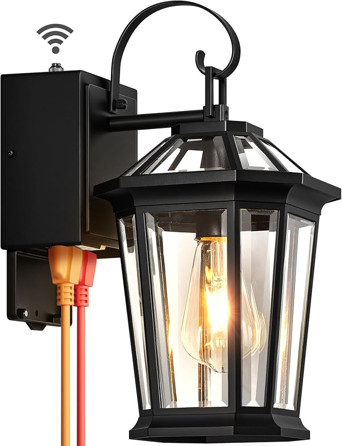 Black Dusk to Dawn Outdoor Light with GFCI Outlet, Modern Porch Lights Outdoor with Tempered Glass, Waterproof Anti-Rust Exterior Lighting Fixtures, Outside Wall Lights for Front Door,Garage,Backyard