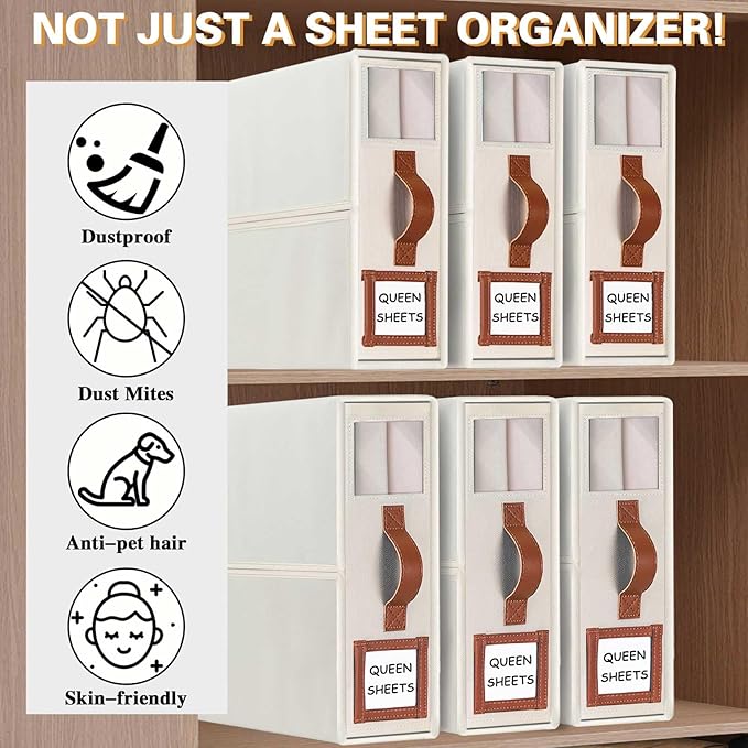 GhvyenntteS Bed Sheet Organizers and Storage 4 Pack (Queen & King Size), Foldable Sheet Organizers and Storage with Window and Label, Bed Sheet Organizer with Leather Handle, Beige