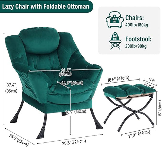 Lazy Chair with Ottoman, Modern Chair with Folding Footrest, Velvet Dark Green Accent Chair, Comfortable Reading Chair, Oversized Armchairs for Bedroom, Study, Living Room, Courtyard