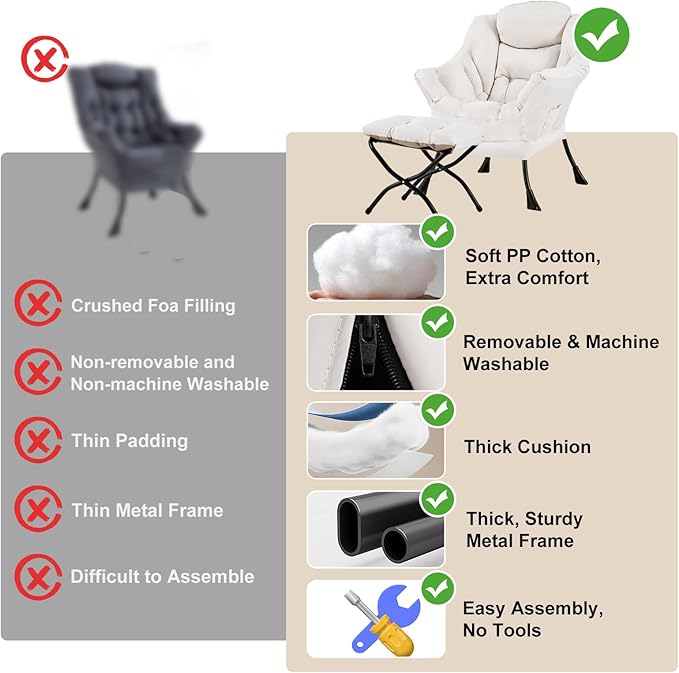 Lazy Chair with Ottoman, Modern Chair with Folding Footrest, Beige Accent Chair, Comfortable Reading Chair, Oversized Armchairs for Bedroom, Study, Living Room, Courtyard