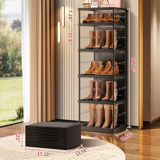 5-Tier Foldable Shoe Rack for Closet Entryway 5-10Pairs,Stackable Clear Shoe Storage Boxes Organizer with Door Plastic Shoe Cabinet Bins with Lids Shoes Shelf Easy Assembly Large Black