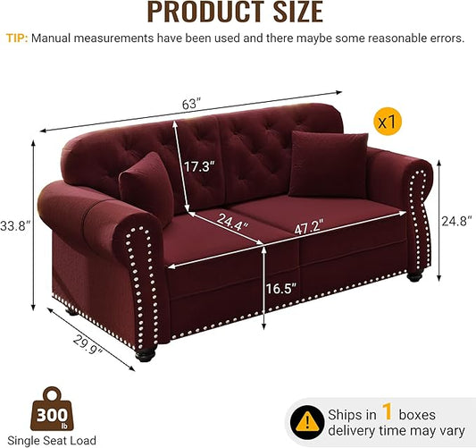 KEIKI 63" Velvet Chesterfield Sofa with Rolled Arms & Nailhead Trim, Modern Upholstered 2-Seater Button Tufted Couch with High Resilience Cushion & 2 Pillow, Easy Assembly, for Living Room, Burgundy