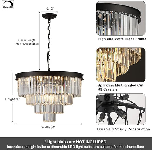 Modern Crystal Chandeliers 24" Round Top K9 Crystals Chandelier Adjustable Ceiling Light Fixture 4-Tier K9 Crystal Pendant Lamp 12-Light for Dinning Room Living Room Foyer