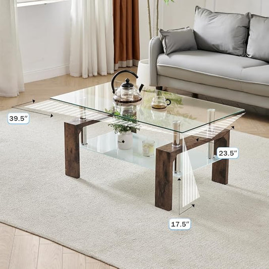 Living Room Rectangle Coffee Table, Tea Table Suitable for Waiting Room, Modern Side Coffee Table with Wooden Leg, Glass Tabletop with Lower Shelf.(brown)