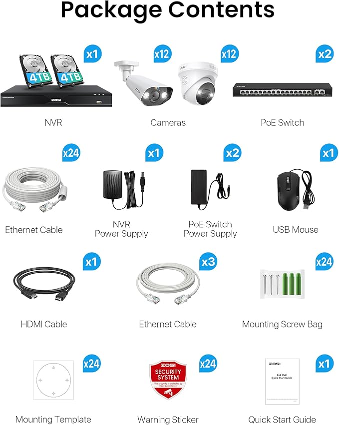 ZOSI 32CH 4K PoE Security Camera System, Face Person Vehicle Detection, 2 Way Audio, Spotlight Siren, 24pcs 8MP Outdoor Indoor IP Cameras, 32 Channel 4K NVR with 8TB HDD for 24/7 Recording