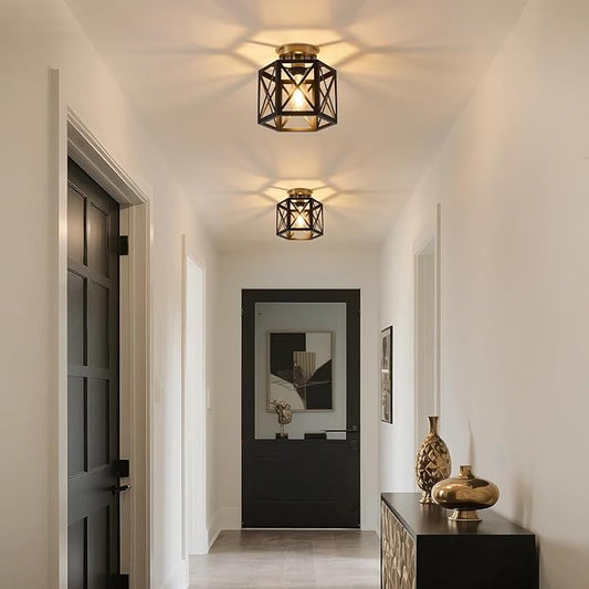 Black Gold Flush Mount Ceiling Light Fixtures, Farmhouse Ceiling Lights with Hexagonal Metal Cage, Modern Close to Ceiling Lamp, Small Chandelier for Kitchen Hallway Porch Bedroom, 2 Pack