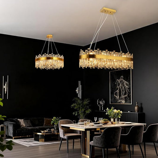 Gold Crystal Chandeliers for Dining Room, 20 Lights Modern Oval Chandelier for Lining Room, Rectangular Crystal Pendant Light Fixture for Kitchen Island Bar L36 Inch