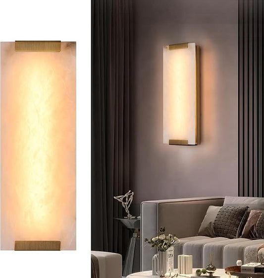 14.2in Alabaster Wall Sconce, Large Natural Marble Wall Light Decor, LED Modern Wall Lamp for Bedroom, Stairs, Living Room, Vanity, Bedside, Hallway (Brushed Bronze 12W)