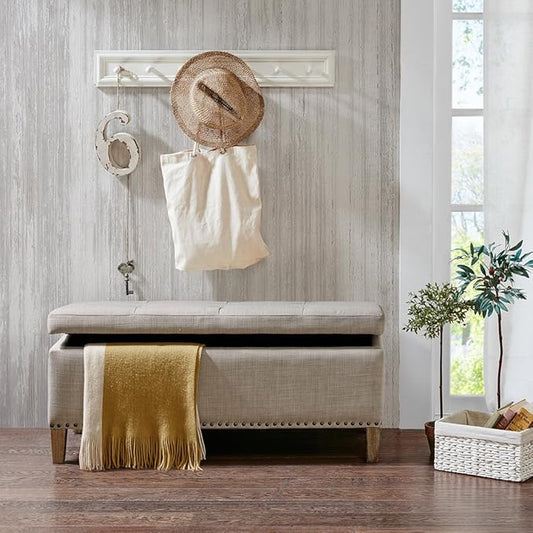 Madison Park Entryway Accent Bench for Living Room Flip Top Storage Bench Ottoman, Nailhead Trim, Tufted Padded Top, Modern Bed End Bench for Bedroom Storage Chest, Indoor Seating, 42"Wide, Light Grey