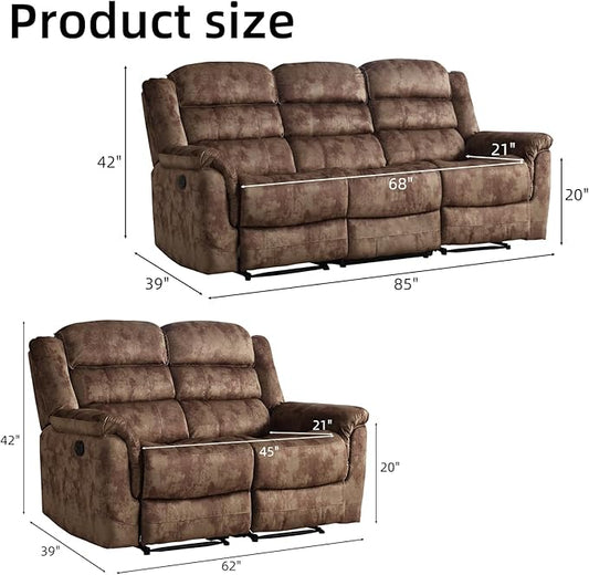 EBELLO 2 Pieces Reclining Couch Furniture Set, Overstuffed Reclining Loveseat Couch and Wide 3PC Bonded Recliner Sofa Set for Living Room, Brown