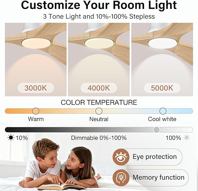 52" Flush Mount Ceiling Fans with Lights and Remote,6 Speeds DC Reversible,Dimmable,Noiseless,White& Light Wood blades Low Profile Ceiling Fans for Bedroom Living Room Patio,Modern Indoor/Outdoor
