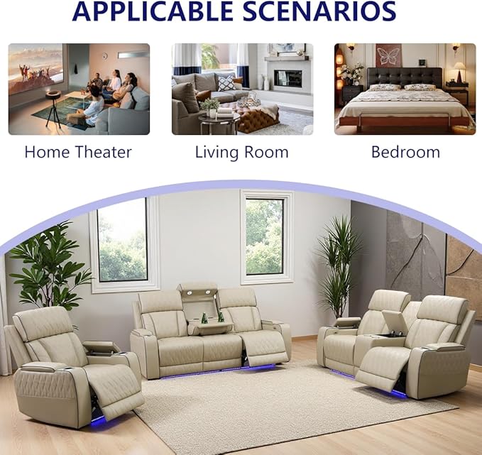 Power Recliner Sofa Set, Leather Reclining Couch & Chair Set, Living Room Furniture Sets, Luxury 3 Piece Living Room Furniture with Cup Holders/Storage/Charging for Home Theater/Office, Khaki