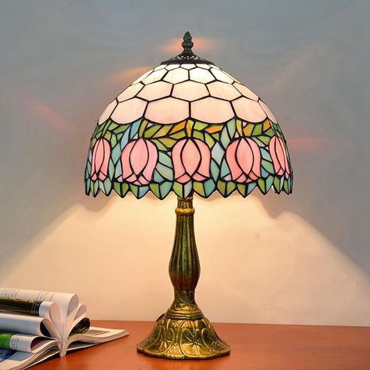Tiffany Lamp Stained Glass Lamp Pink Tulip Bedroom Table lamp Reading Desk Light for Bedside Living Room Office Dormitory Dining Room Decorate Housewarming Gift 12X12X18 Include Light Bulb