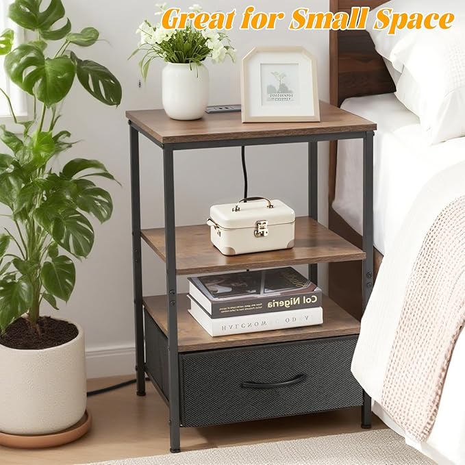 Night Stand with Charging Station, Bedside Table with Adjustable Fabric Drawers, End Table with LED Lights, Side Table with USB Ports Open Shelf for Bedroom, Black