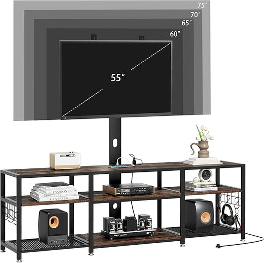 VECELO TV Stand with Mount and Power Outlet, Height Adjustable Entertainment Center with Storage Shelves for 32/55/65/70/75 inches Televisions, Console Table for Living Room, Bedroom, Rustic Brown