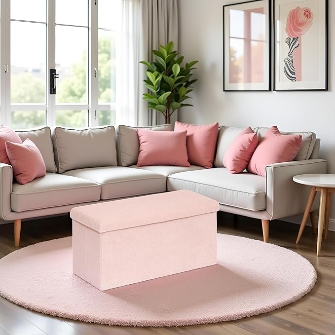 30 Inches Storage Ottoman Bench - Square Ottoman with Sherpa Top,Storage Bench for Bedroom 30" L x 15" W x 15" H - Pink