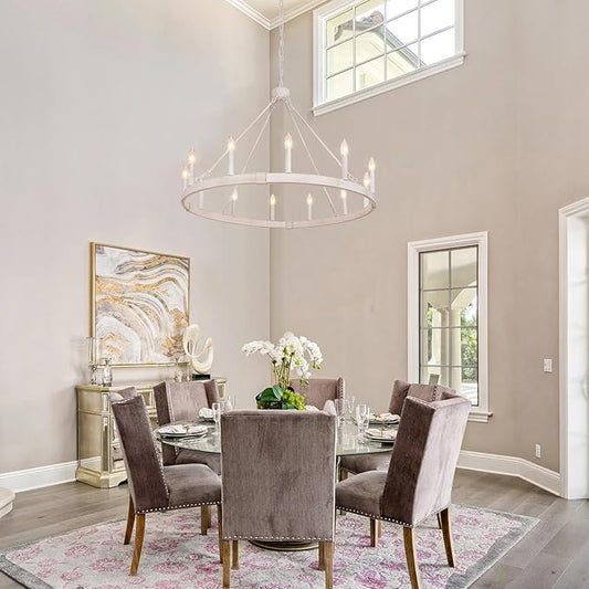 White Wagon Wheel Chandelier 37.4 inch, 12-Light Large Round Industrial White Farmhouse Chandeliers for Living Room Dining Room Foyer Entryway Outdoor Porch High Ceilings