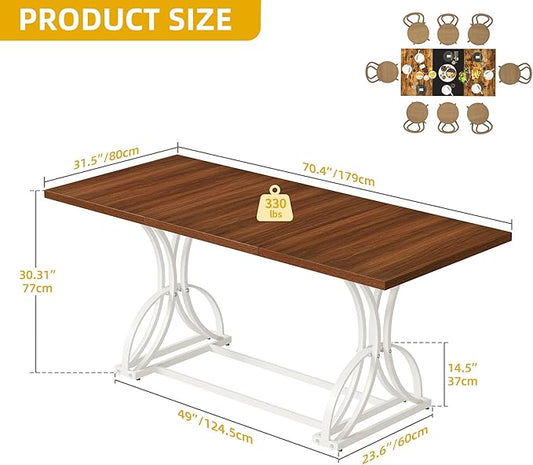 DWVO 70.3" Large Modern Dining Table for 6-8 People, Rectangular Walnut Kitchen Dining Room Table with Thick Tabletop and White Geometric Metal Legs, Farmhouse Wood Dinner Tables