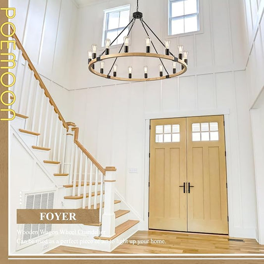 16-Light Wood Wagon Wheel Chandelier Farmhouse Natural, 43.3'' Black Metal Pendant Chandeliers Wooden Rustic Light Fixtures for High Ceiling Living Dining Room Foyer Entryway