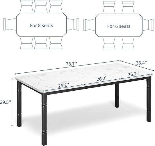 Garvee Large Dining Table for 6-8 People, 79" Wooden Kitchen Table with Sturdy Metal Frame, Dining Room Table for Dining Room, Kitchen, Black Leg & Marble White