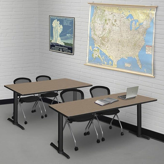 Regency Cain 66 x 24 in. Training Seminar Table – Durable T-Base Training Desk with Laminate Top, Scratch & Stain Resistant Surface, Rounded Corners (Noble Oak, Black Base)