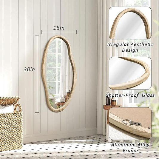 JJUUYOU Irregular Mirrors for Wall Asymmetrical Bathroom Mirror 30"x18" Wall Mounted Mirrors Horizontal or Vertical Hanging Wall Mirrors for Makeup Bathroom Bedroom Living Room Wood