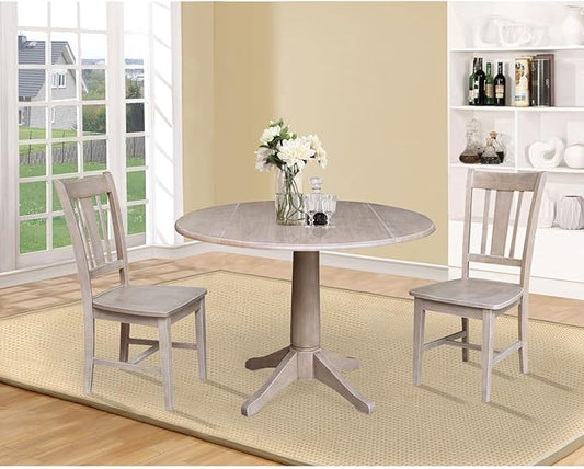 International Concepts 42" Round Top Pedestal 2 Chairs Dining Table, Washed Gray Taupe