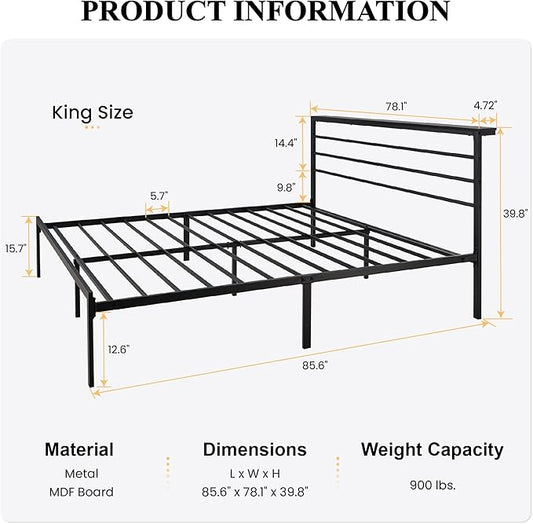 SHA CERLIN King Size Bed Frame with Headboard Shelf and Strong Metal Foundation, No Box Spring Needed, Black