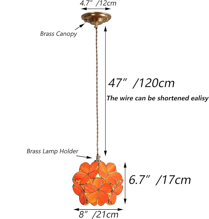 Bieye L10749 Petals Tiffany Style Stained Glass Ceiling Pendant Light with 8-inch Wide Lampshade (Orange, 8" Cherry Blossom)