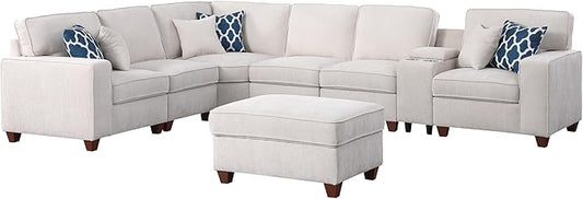 Ball & Cast 127" L-Shaped Sectional Couches for Living Room with Movable Ottoman,2 Cup Holders & USB Ports,7 Seat Chenille Upholstered Sofa W/6 Throw Pillows & Hidden Storage Box,DIY Combination,Beige