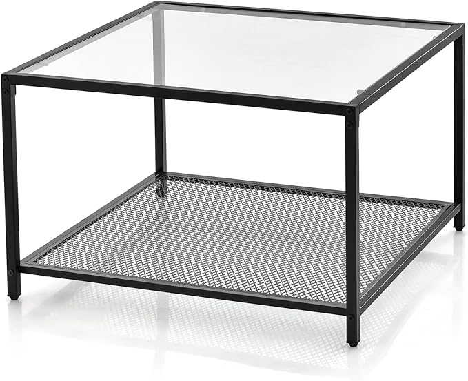 Giantex 27.5" Square Coffee Table - Tempered Glass Center Table w/Bottom Storage Shelf & Metal Frame, Modern Accent Table for Small Space, Living Room, Home, Office (2-Tier, Transparent)