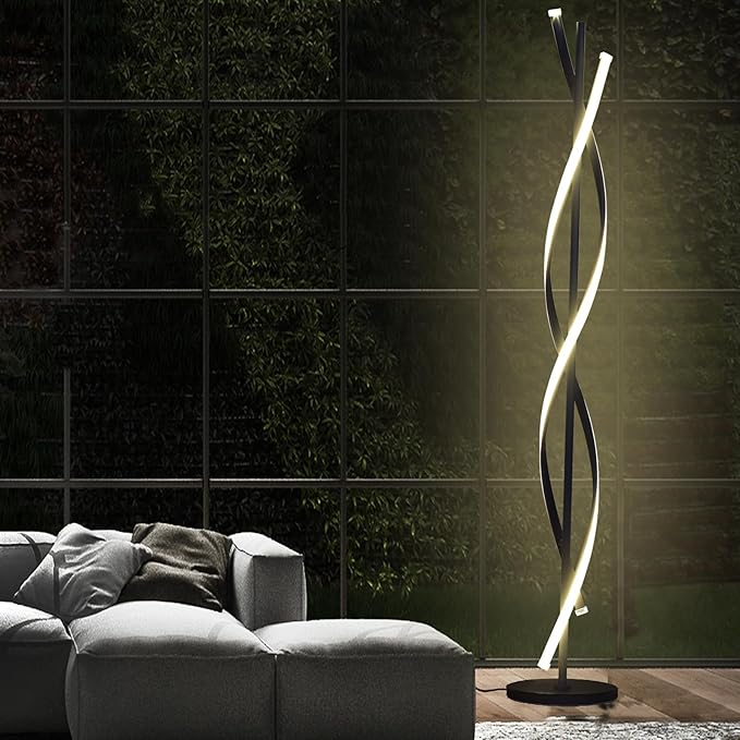 61" LED Floor Lamp for Living Room, 40W 3 Colors Stepless Dimmable and Color-Changing Bright Floor Standing Lamp,Unique Spiral Floor Tall Lamp for Bedroom Office with Remote (Black)