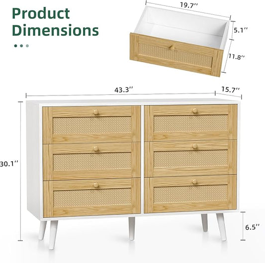 6 Drawer Rattan Dresser for Bedroom, Wooden Dresser Chest with Handles for Bedroom, Living Room and Hallway, White