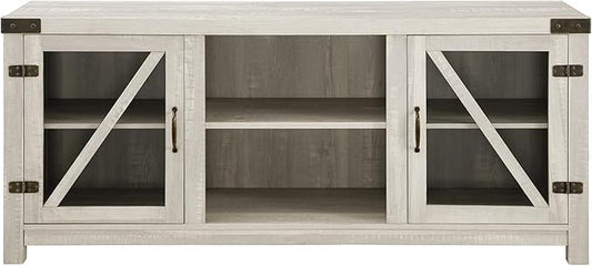 Walker Edison Wesley Modern Farmhouse Glass Door TV Stand for TVs up to 65 Inches, 58 Inch, Stone Grey, Without Fireplace