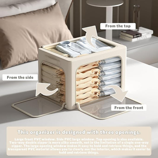 3Pack Clothes Storage Bins - Oxford Frame Storage Box Foldable Stackable Storage Organizer with 3 Openings Design, Metal Frame, Clear Window, Carry Handles (Beige, 100L-23.6 * 16.5 * 15.7in)