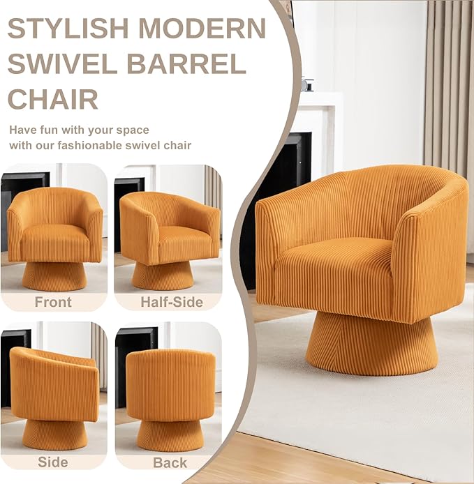 Swivel Accent Chair, Modern 360° Barrel Chair, Corduroy Upholstered Single Sofa for Living Room, Bedroom(Mustard)