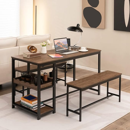 Giantex Dining Table Set for 4, 3-Piece 55" L Kitchen Table Set w/ 2 Benches, Breakfast Table w/ 5-Bottle Wine Rack & Glass Holder, Space-Saving Dinette Set for Dining Room, Kitchen, Apartment