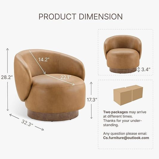 Swivel Accent Chair Modern Round Barrel Armchair with Upholstered Faux Leather for Living Room Bedroom Waitingroom,2 Box,Brown