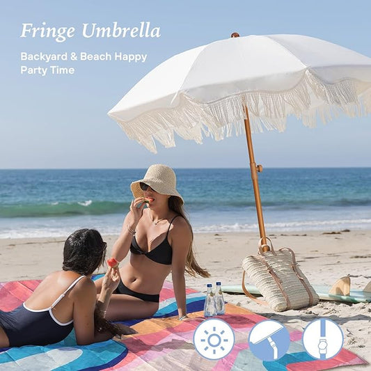 AMMSUN Boho Fringe Umbrella with Beach Blanket, 6.5ft UPF50+ Picnic Umbrella with Tassels with Steel Pole & Push Button Tilt, Antique White