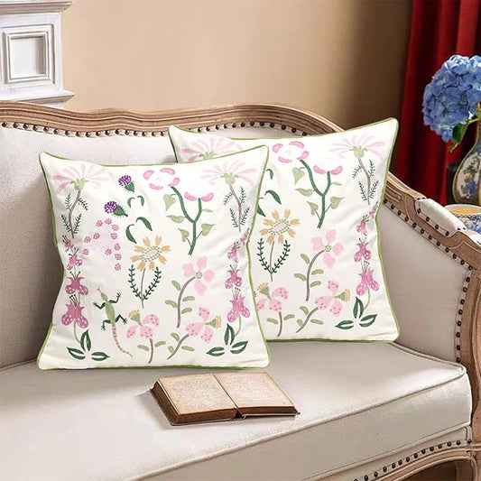 Set of 2 Embroidered Decorative Throw Pillow Covers Couch Square Pillowcases Cushion for Bedroom Sofa Farmhouse Decor 18x18 Inch (Gecko Flower)