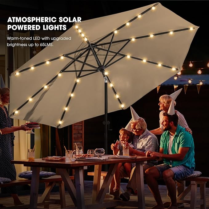 wikiwiki 11FT Solar Led Patio Umbrella with Base Included, 32 LED Lights, 8 Sturdy Ribs, Fade Resistant Waterproof POLYESTER DTY Canopy for Garden, Lawn, Deck, Backyard & Pool, Tan