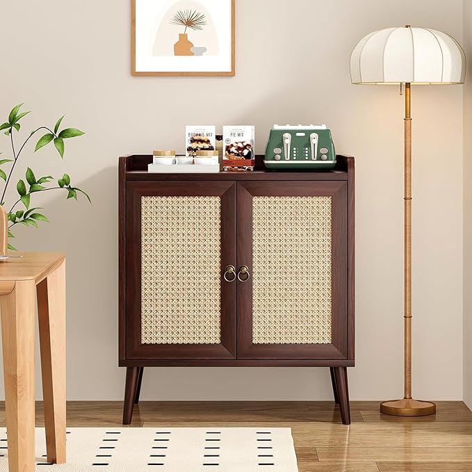 Sideboard Buffet Cabinet with Storage, Rustic Bar Liquor Cabinet with Boho Rattan Decorated Doors, Retro Credenza Console Table for Dining Room Living Room Hallway EntryWay, Walnut