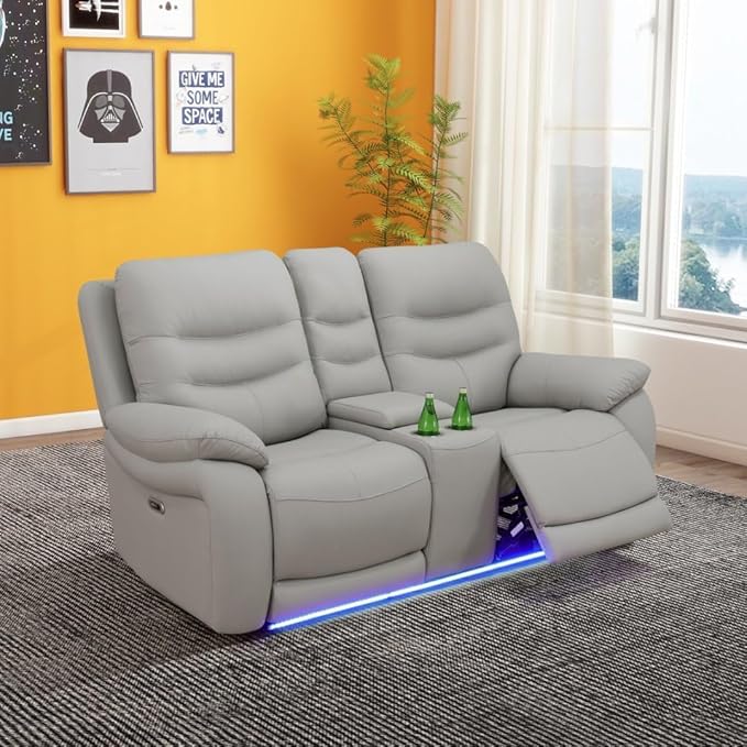 Power Reclining Sofa Set, Genuine Leather Recliner Sofa Set,Living Room Furniture Setwith USB Charging and LED Lights,for Living Room/Apartment/Office/Home Theather,Light Grey,L