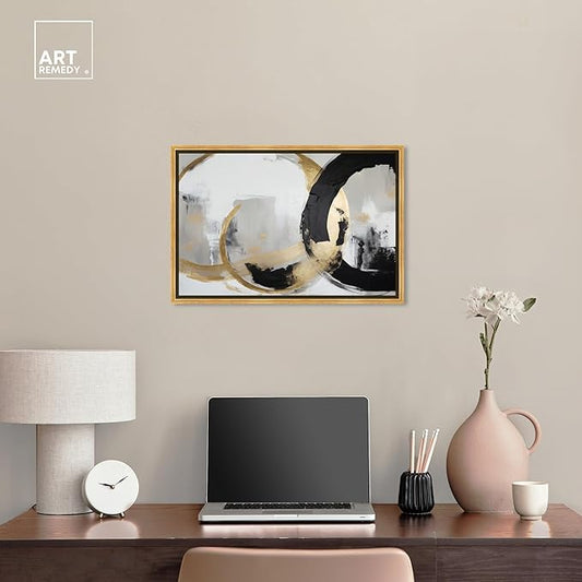 Art Remedy Another Dimension Canvas Modern Black White Abstract Wall Art, Gold Frame, 24" x 16"