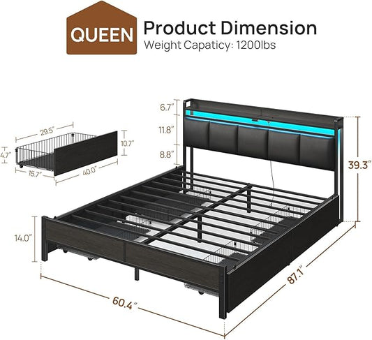 Rolanstar Bed Frame Queen Size with Charging Station and LED Lights, Upholstered Storage Headboard with Drawers, Heavy Duty Metal Slats, No Box Spring Needed, Easy Assembly, Black