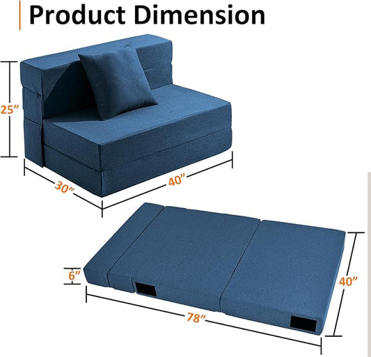JKMAX Twin Size Folding Sofa Bed - 4 in 1 Foldable Couch with Pillow - High Density Memory Foam Sleeper Chair - Convertible Fold Out Bed with Washable Modern Linen Cover for Home Office (Blue)