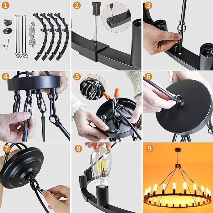 Wagon Wheel Chandelier 24-Light 48-Inch, Black Round Rustic Farmhouse Chandelier Extra Large for High Ceilings, Dining Room, Living Room